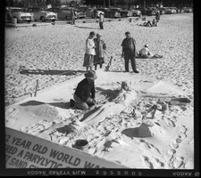 Vintage Old 1960 Photo Negative WWII Vet Making Sand Sculpture of Jesus on Beach