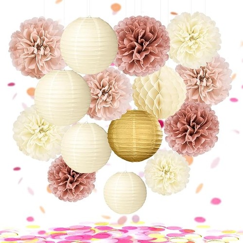 Pink gold paper lanterns pom - pink,