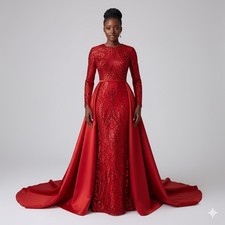Size 18 Red Party Prom Long Sleeve Mermaid Detachable Train Maxi Sequin Dress
