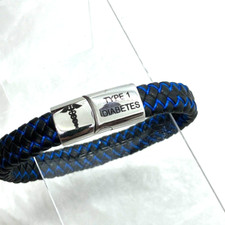 Medical Alert Bracelet For Type 1  Diabetes Black Blue Woven Strap 23cm