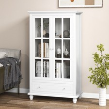 55 Inch Bookcase Cabinet Tempered Glass Doors Adjustable White
