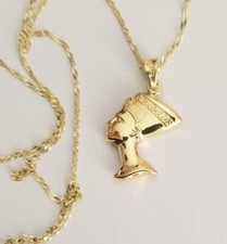 14K Solid Gold Cleopatra Egyptian Queen Nefertiti Pendant Necklace With Chain