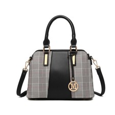 Stylish Faux Leather Tote Handbag with Gingham Plaid Panel Fashionable Ladies