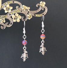 Fun Parrot Cockatoo Charm and Multi Agate Bead Dangly Drop Earrings in Gift Bag