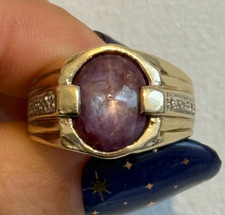 Vintage 9ct Yellow Gold Star Ruby Purple Cabochon Diamond Gents Ring 2006 Size N
