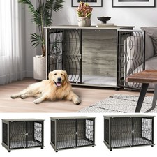 Dog Crate Furniture End Table Indoor w/ Lockable Door, Plush Cushion