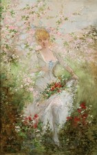 GASTON NOURY (1865-1936) SIGNED FRENCH OIL ON CANVAS - GIRL WITH SPRING BLOSSOM