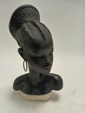 Vintage African Lady Bust Sculpture with Hoop Earrings Ceramic Art 33cm h