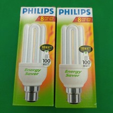 2x Philips 18W = 100 watts Low Energy CFL Light Bulbs BC B22 Energy Saving Lamps