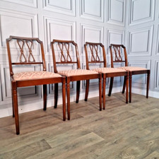 Set 4 Antique Solid Wood Upholstered Dining Chairs - Turned Legs - Regency Style