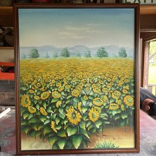 VTG Original Signed Painting On Canvas Framed Sunflowers Field vintage