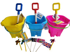 Bucket 20cm wooden Spade 35cm Sets 4 Sand Flags windmill red Blue Pink Purple