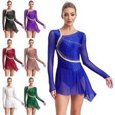 UK Women's Figure Skating Dress Mesh Longsleeve Sparkly Lyrical Ballet Dance