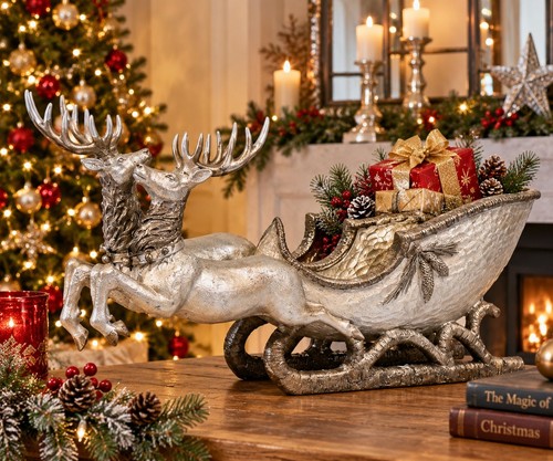 65cm silver reindeer sleigh - silver,
