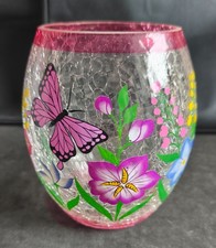 Hand Painted Crackle Glass Votive Candle Holder Butterfly Floral Tea Light