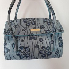 Rare Luxury Italian Designer Vintage Leather Blue Handbag with Floral Detailing