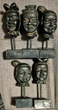 5 Statue Bust Head Asian Oriental Japanese Faces Black Figurines