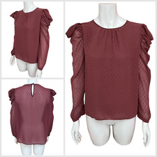 Zara Top Blouse Size M  Dotted Mesh Semi Sheer Long Puff Sleeves  - Dark Pink