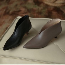 Women Pumps Mid Kitten Heel V Cut Short Booties Pu Leather Office Dress Shoes