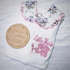 Girls Baby White Sleepsuit Embroidered Personalised Pink Gypsy Romany Wagon Gift
