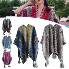 Women Ladies Knitted Open Colourful Poncho Blanket Winter Warm Tassel Wrap Shawl