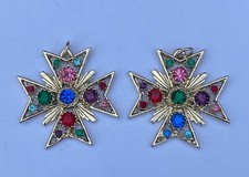Pair 1950's Gold Tone Maltese Cross Pendants - Queen Elizabeth Coronation