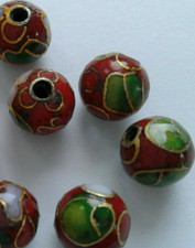 6 Round Cloisonne Beads, Red Floral. 8mm. Jewellery Making/Beading Craft