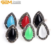 Teardrop Turquoise Sandstone Agate Beaded Rings Silver Plated Beaded Jewelry