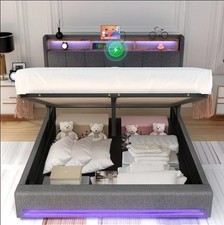 4ft6 Double Ottoman Bed Frame with Storage Grey Linen Upholstered Lift-Up Base