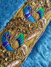 Pair Hand Made Blue Mohair Gold Satin Fabric Cushions Peacock  18" square