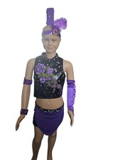 Black & Purple Freestyle Dance Costume Age 11 12 Years 2 Piece With Accessories