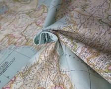 WORLD MAP 2 Globe Atlas Furnishing Fabric Cotton Material 140cm wide SKY BLUE