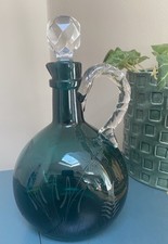 VINTAGE GLASS DECANTER GREEN ETCHED CLARET WHISKY JUG TWIST HANDLE & STOPPER