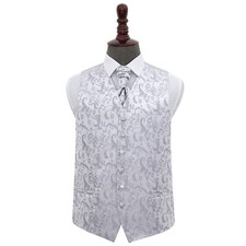 DQT Woven Floral Silver Mens Wedding Waistcoat & Cravat Set S-5XL