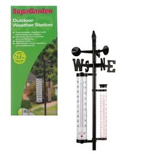 Outdoor Weather Station Garden Thermometer Weather Vane & Rain Gauge 120cm Black