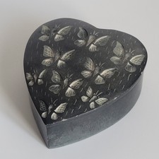 Vintage Black Soapstone Heart-Shaped Trinket Box Carved Butterflies Made India