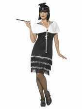 Black & Silver Ladies 1920's Flapper Fancy Dress Costume + Headband & Stole
