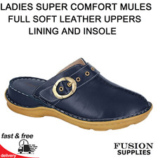 LADIES MULE,COMFORT,SOFT LEATHER,CLOGS,MULES,WORK,UNIFORM,SHOES,NAVY,LIGHTWEIGHT