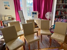 6  Cream Leather High Back Dining Chairs Set of 6 with Solid Oak Legs