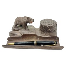 ANTIQUE *BLACK FOREST* BEAR CARVED WOOD DESK INKWELL STAND PEN REST
