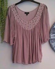 Top Shop floaty Crinkle Lined blouse 10 Stud Bodice Short Bell Slvs Lilac Ch 40"