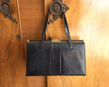 Vintage 1950s 1960s Jane Shilton Lizardskin Leather Top Handle Black Handbag VGC