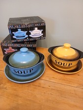 2 Leonardo Home Soup Bowls & Plates Blue & Mustard Matching Bread Boxed With Lid