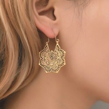 Vintage Boho Tibetan Flower Ornate Hoop Dangle Earrings Women *UK*