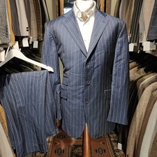 Vintage Mens 46R 40w Italian Pinstripe Wool Navy 2 Piece Suit Jacket Trousers V