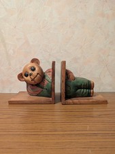 1970s Vintage Wooden Hand Painted And Hand Carved Teddy Bear Book Ends Shelves