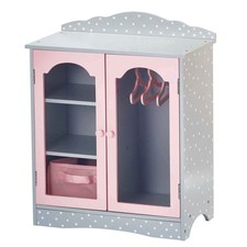 Kids Wooden Doll Wardrobe with Drawer Shelves and Hangers in Grey/Pink