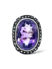 Antique Art Deco 9ct Gold & Silver Amethyst and Marcasite Cocktail Ring Size - O