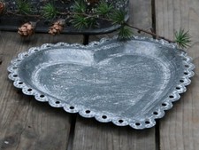 Shabby Chic Zinc Tray Lace Edge Metal Heart Vintage Style Decor White Wash