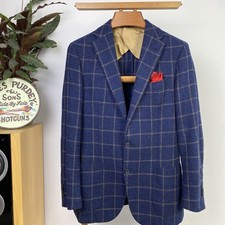 Boggi Milano (38S) Windowpane Italian Blazer Sport Coat Jacket Tweed Wool Blue